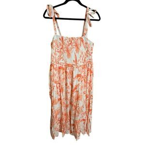Torrid Coral‎ Orange Tropical Midi Smocked Tie Strap Vacation Luau Dress 1X NWT